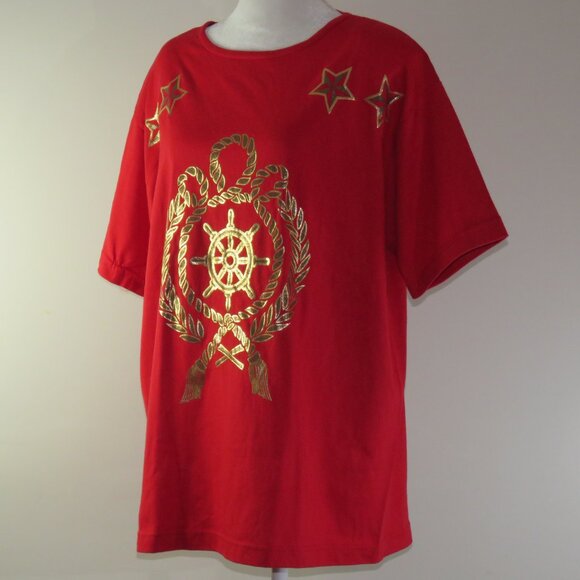 Huntington Ridge Red with Gold Nautical Theme Short Sleeve Blouse Size M (C1130) - Picture 4 of 7